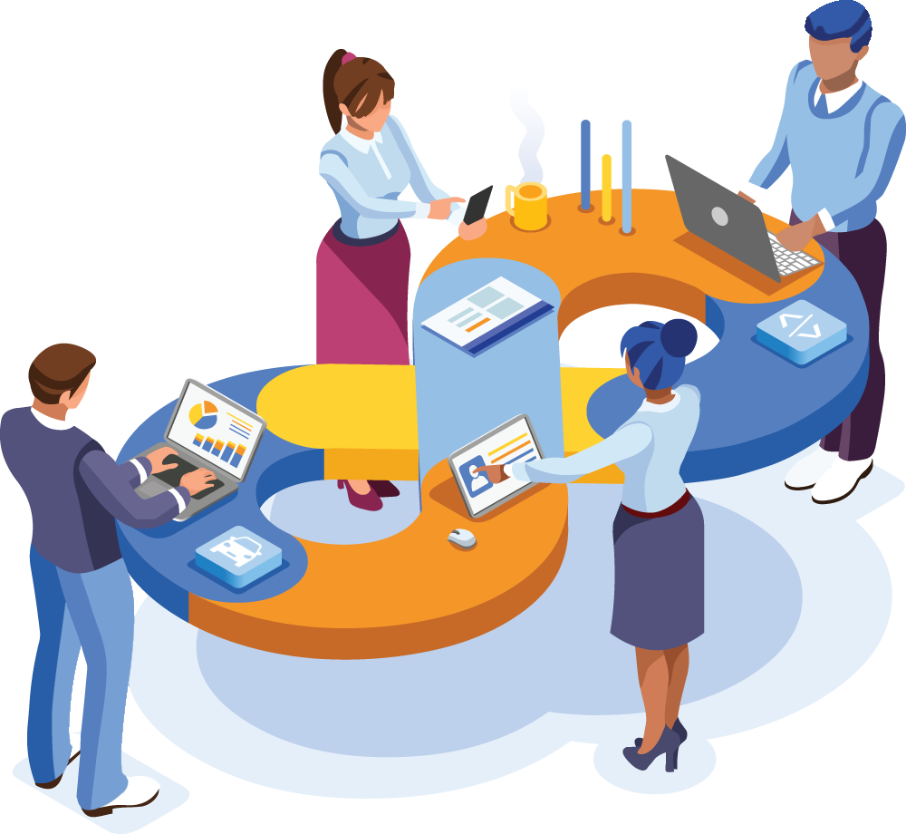 Illustration of dealership staff and tools connected by OmnitrixHub platform
