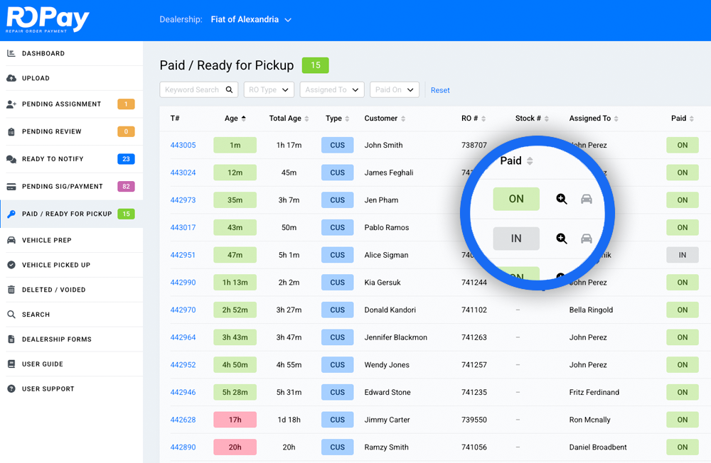 ROPayNow Dashboard – Repair Order Management Overview ROPayNow software interface showing repair order statuses